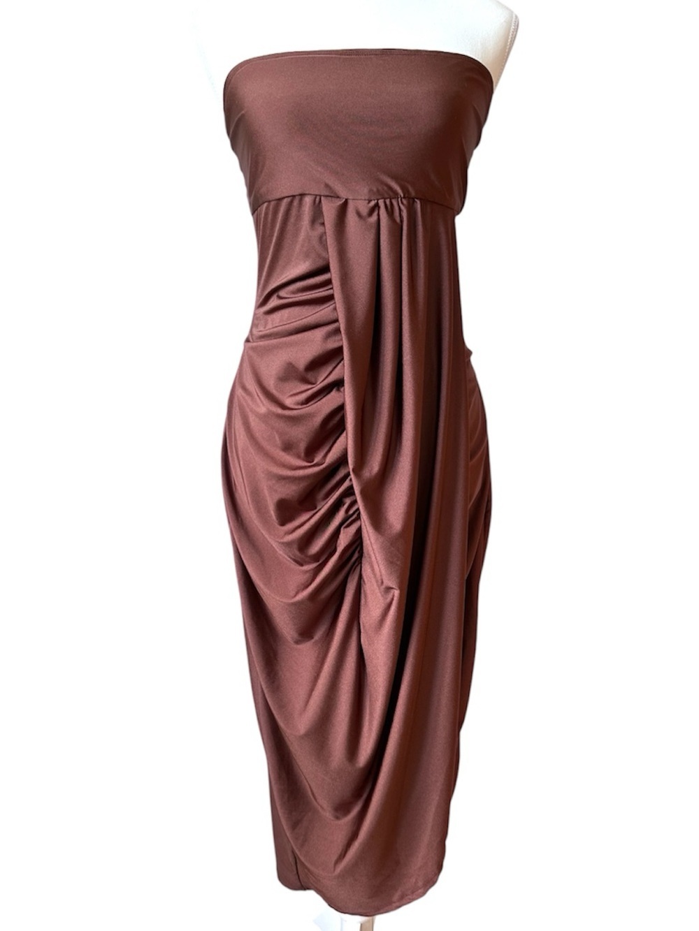 NWT Strapless Ruched Midi Dress in Chocolate Brown Wedding Guest Summer - Size L